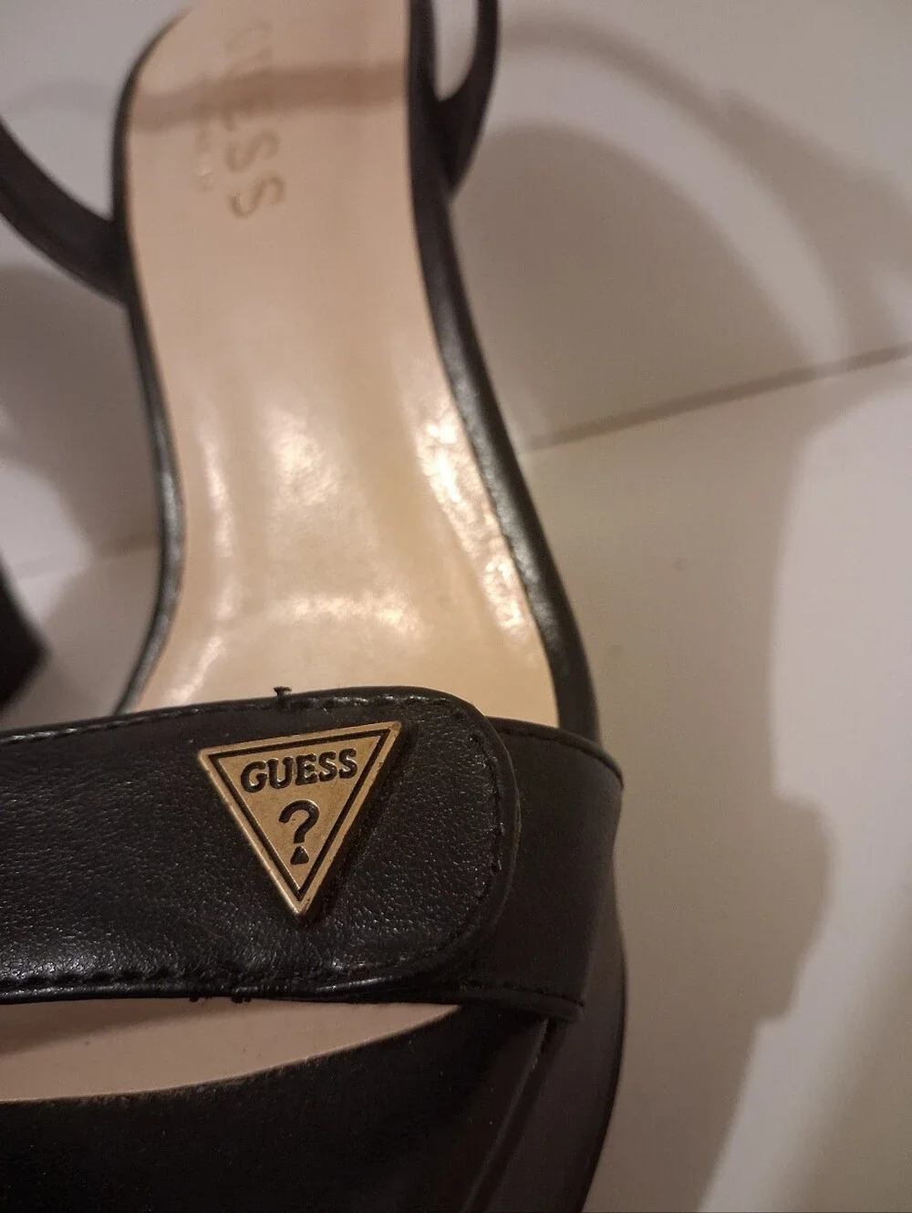 GUESS Black Platform Wedge Sandals Women's Size 6 Ankle Strap Gold Logo